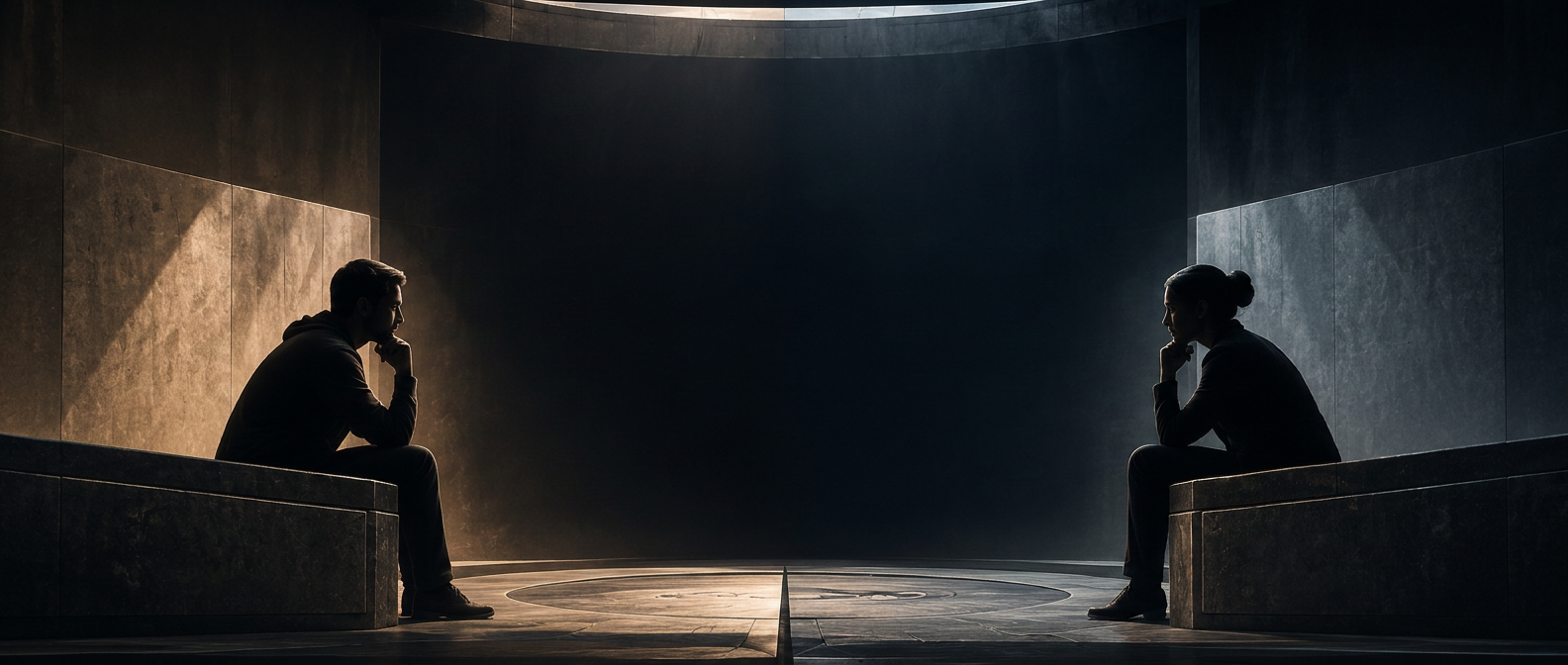 Two silhouetted debaters seated facing each other in a stone arena